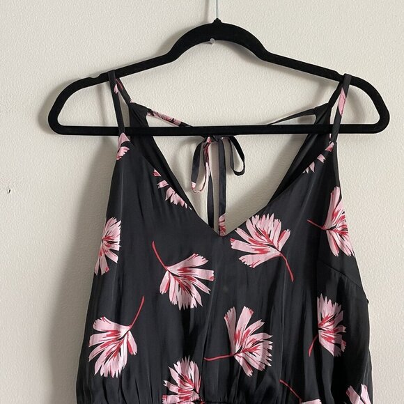 Express Womn L Black Floral Satin Tie Back Spaghetti Straps Faux Wrap Maxi Dress - Picture 5 of 10